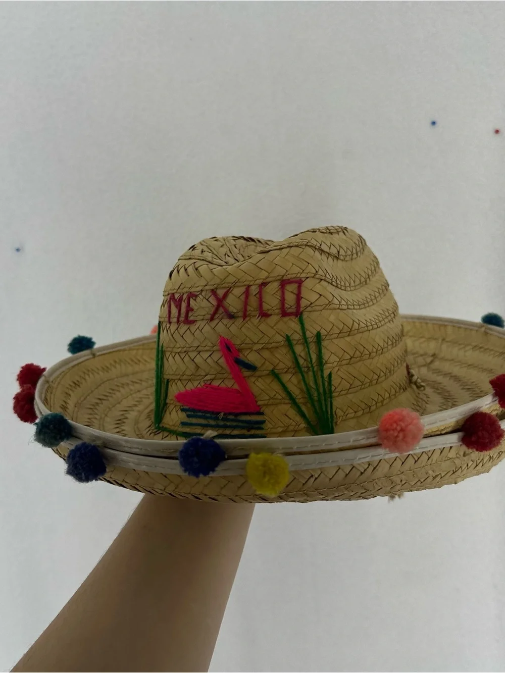 Vintage Mexico Straw Sombrero Pom Pom Fiesta Hat One Size
